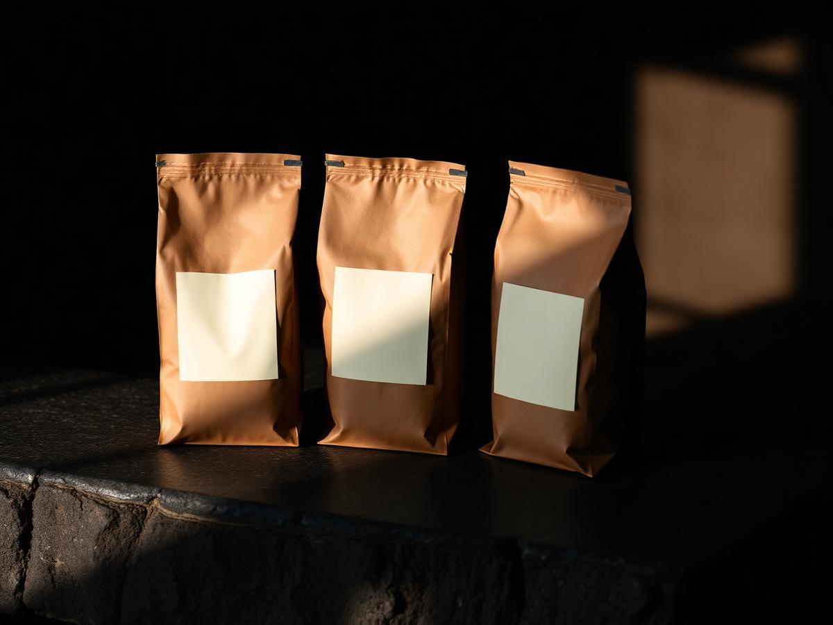 Three kraft coffee bags on a dark stone counter