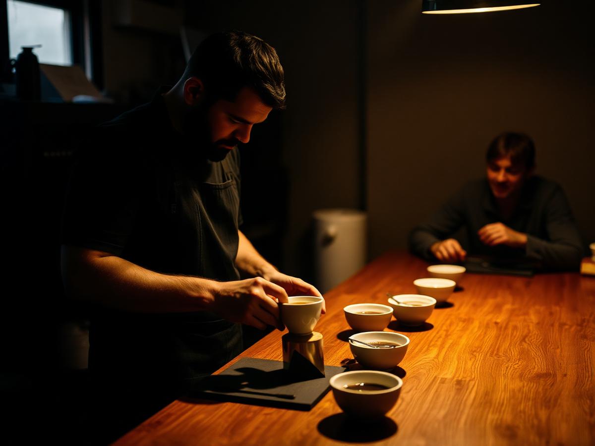 A roaster tasting coffee from cupping bowls at the roastery bar